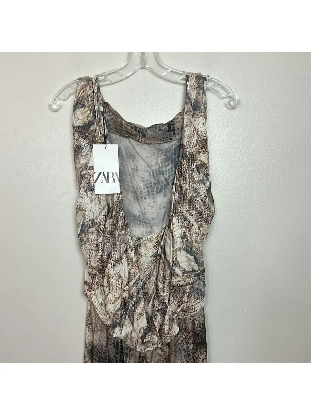 Zara Sleeveless Snake Print Satin Draped Low Back Midi Summer Dress - Picture 14 of 15